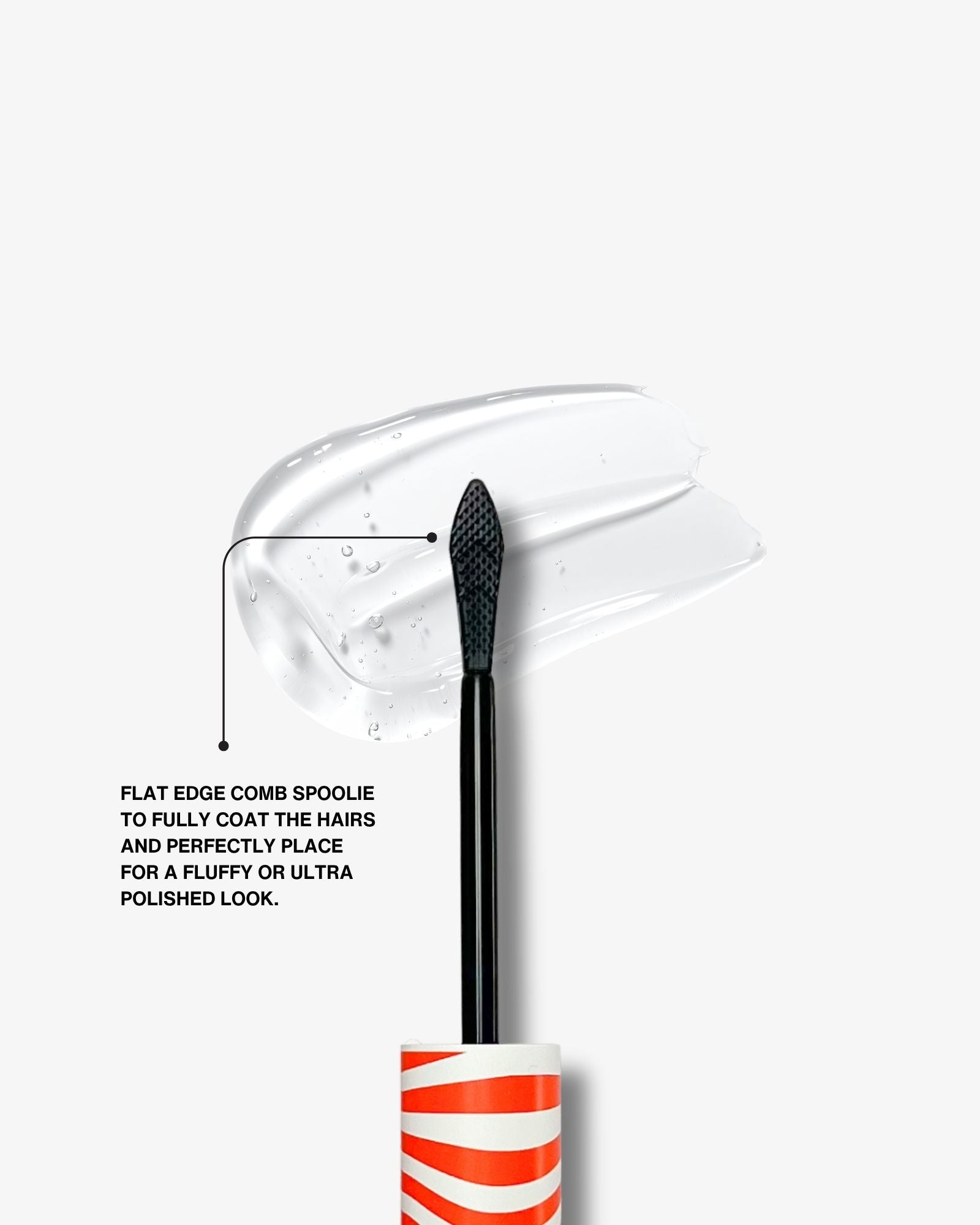 wolfie cosmetics firm hold gel spoolie on a white background and a wipe of the gel. the text on the image reads: 'flatedge comb spoolie to fully coat the hairs and perfectly place for a fluffy or ultra polished look