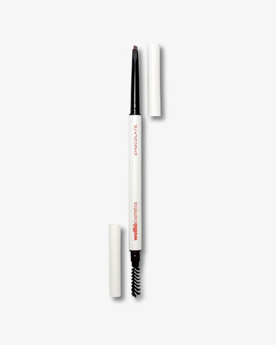 Wolfie Brow Sketch Pencil, which is smudge proof & water resistant with white casing and black tip on a white background. The shade of the pencil is chocolate.