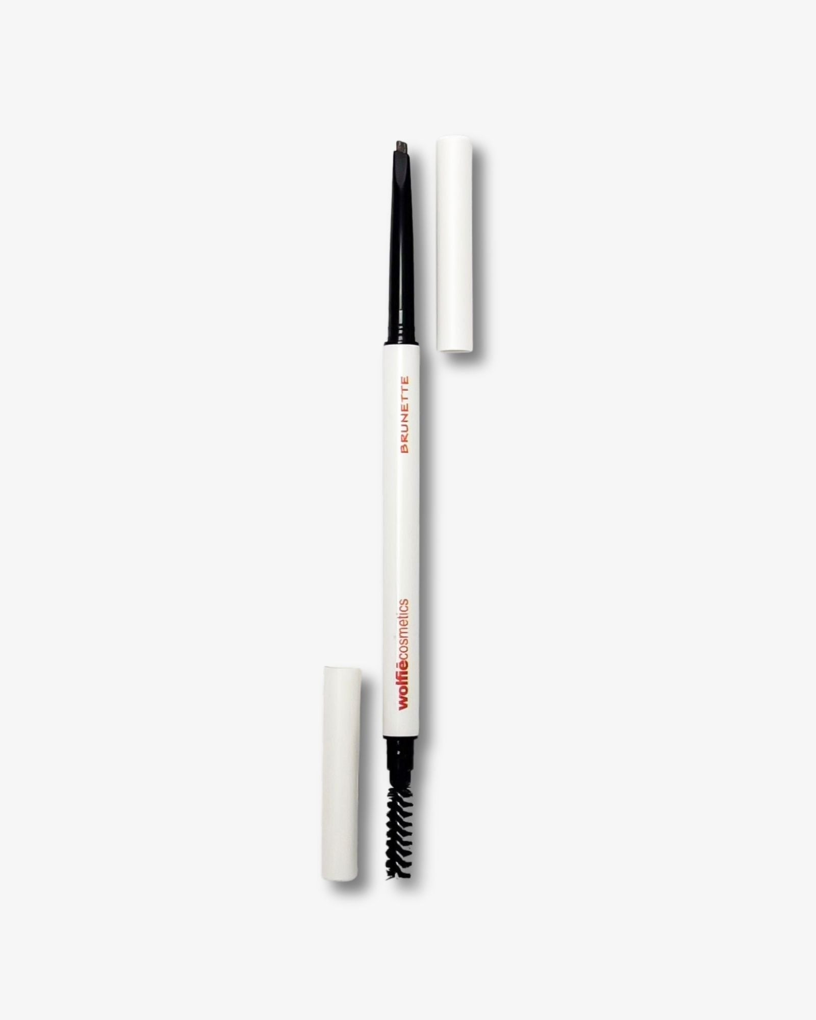  A product shot of Wolfie cosmetics Brow Sketch Pencil, which is smudge proof & water resistant with white casing and black tip on a white background. The shade of the pencil is Brunette