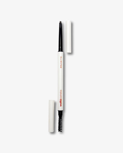  A product shot of Wolfie cosmetics Brow Sketch Pencil, which is smudge proof & water resistant with white casing and black tip on a white background. The shade of the pencil is Brunette