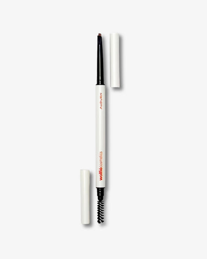 A product shot of Wolfie cosmetics Brow Sketch Pencil, which is smudge proof & water resistant with white casing and black tip on a white background. The shade of the pencil is Auburn