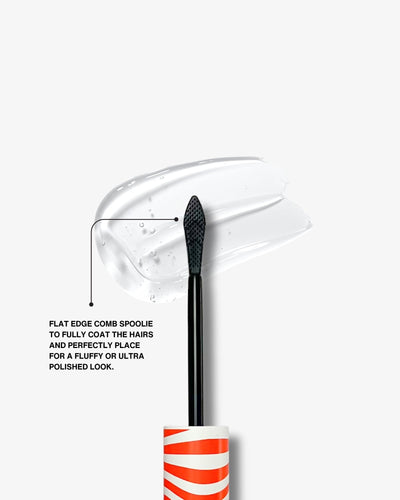 wolfie cosmetics firm hold gel spoolie on a white background and a wipe of the gel. the text on the image reads: 'flatedge comb spoolie to fully coat the hairs and perfectly place for a fluffy or ultra polished look